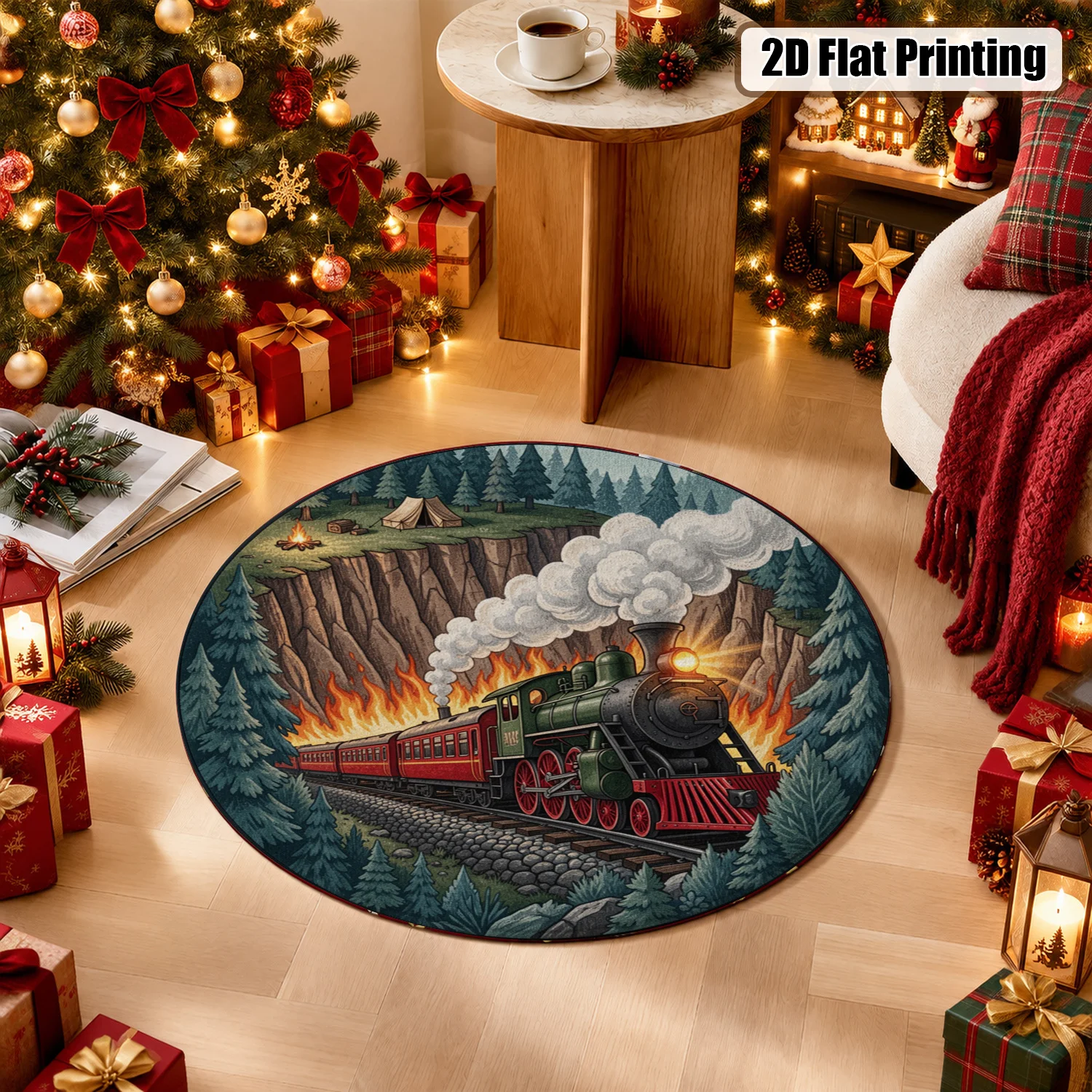 Vintage Steam Train Forest Camp Round Velvet Rug Machine Washable for Living Room Bedroom Entryway Halloween Thanksgiving Black Friday Christmas New Year