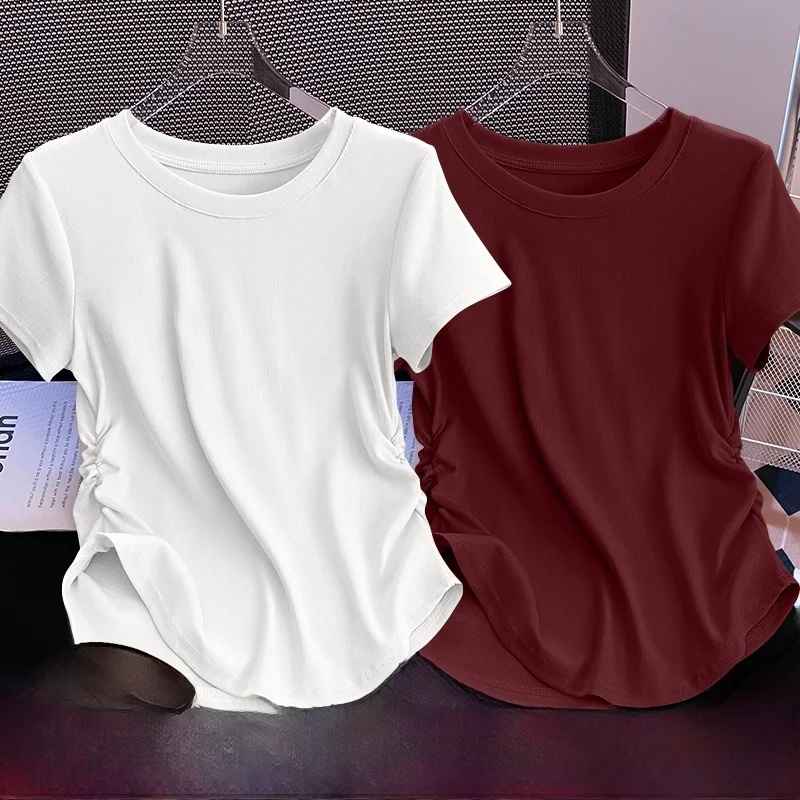 Ele ort Sve T-shirt da donna estiva con cuciture in vita pieghettate, semplice e versatile, coreana, per i pendolari