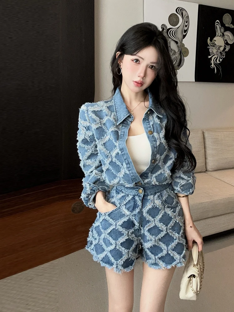 

Fashionable Long Sleeve Denim Jacket High Waist Wide Leg Pants Two Piece Set Elegant Casual Spring Autumn Winter Women's Wear
