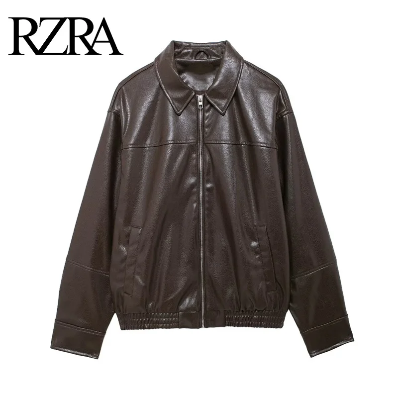 

RZRA2024 autumn and winter new original women's solid color loose lapel imitation leather pilot long-sleeved jacket