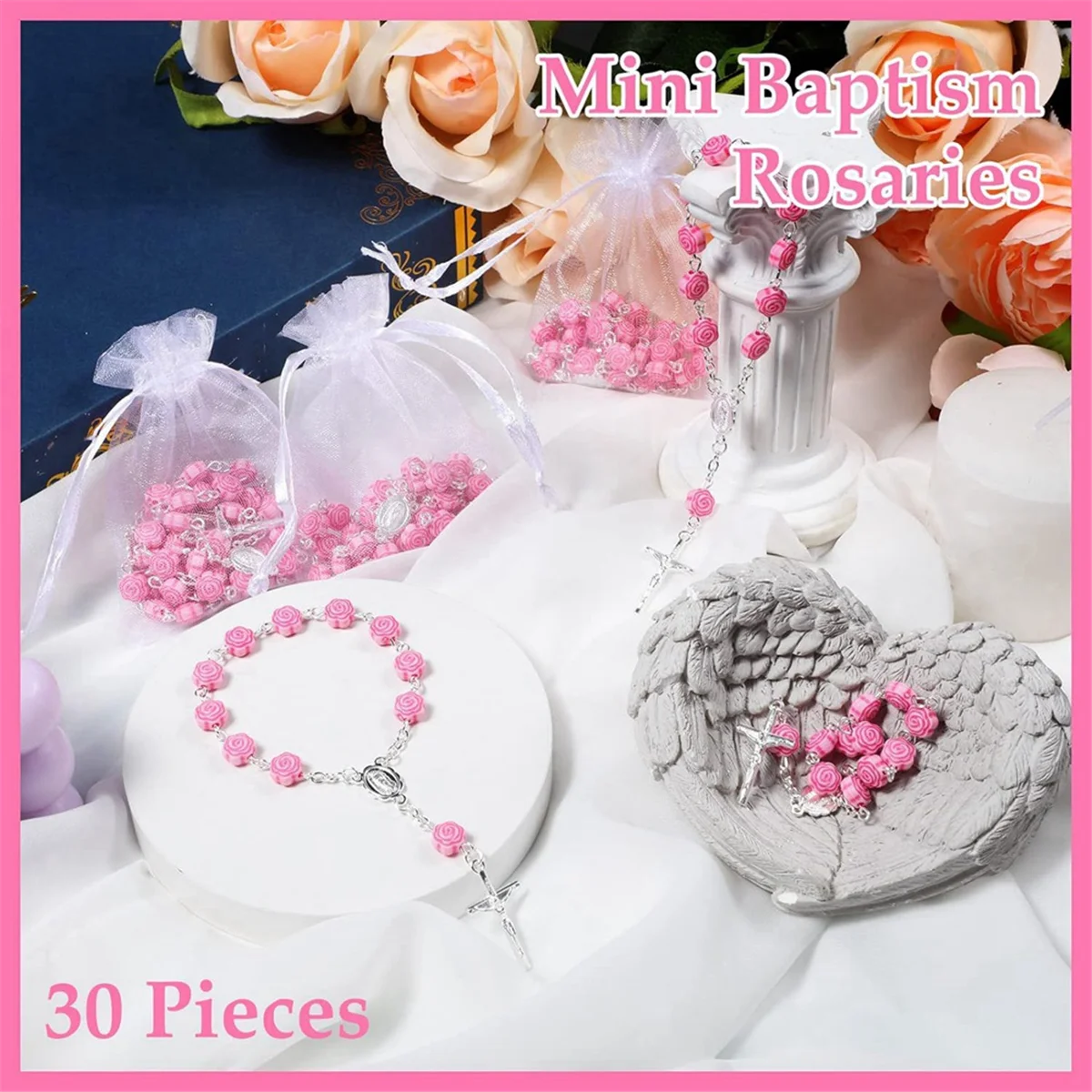 HIWS 30 Pieces Baptism Rosary Mini Rosary Baptism Favors Finger Baptism Rosaries Rose Shaped Beads with 30 Organza Bags