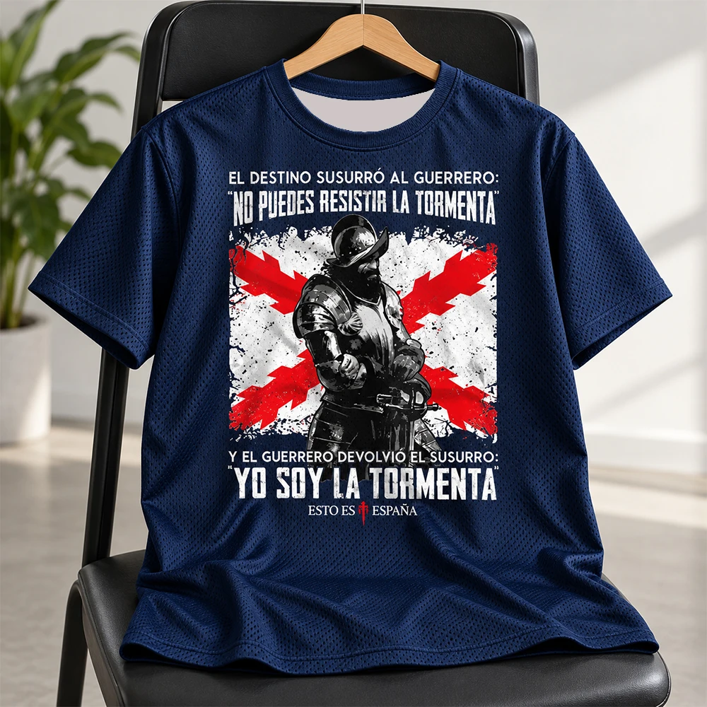 Adult men's round neck short sleeved T-shirt with Burgundy cross flag and Spanish infantry print, breathable and comfortable