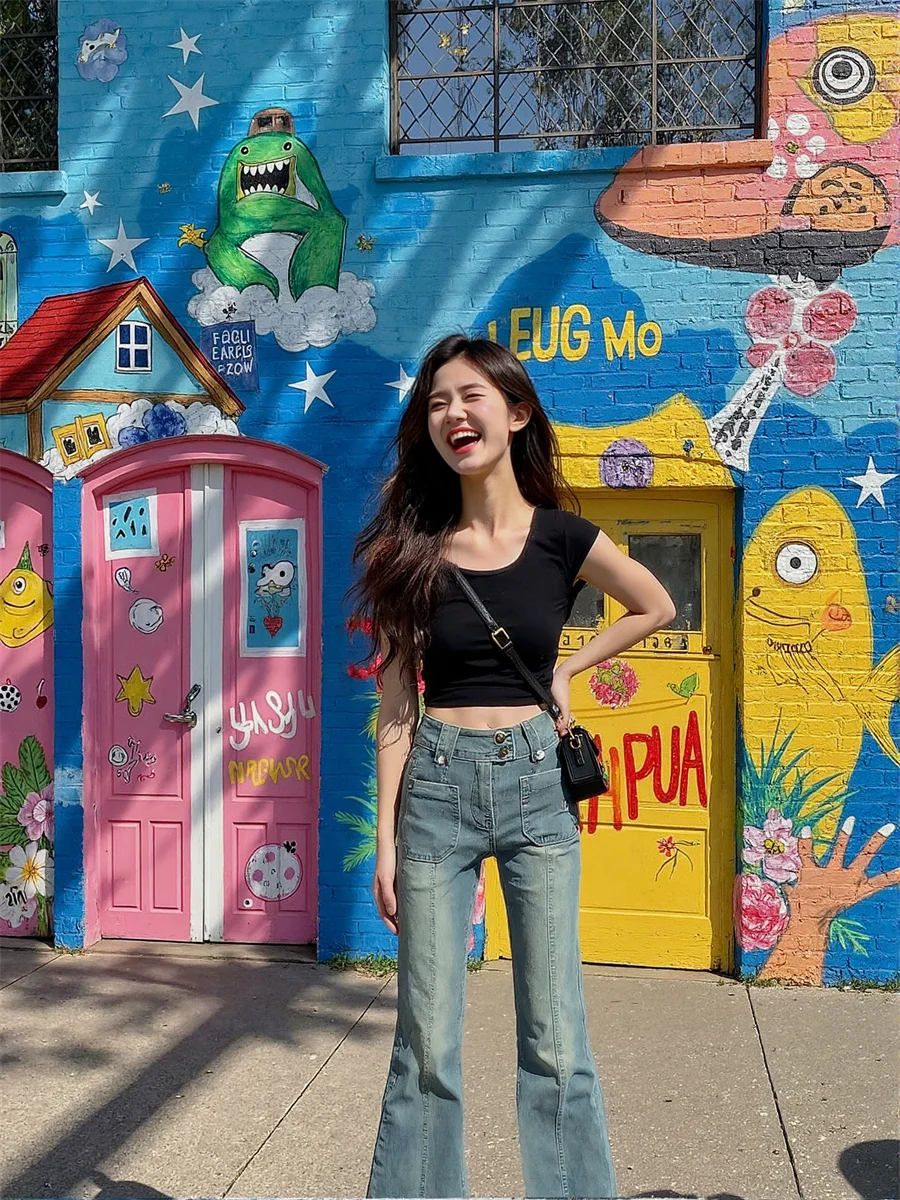 Flare Slim Skinny Floor Jeans Womens Bell Bottoms Stretchy  Fit High Waist Embroidery Patchwork Studs Ripped Jean 