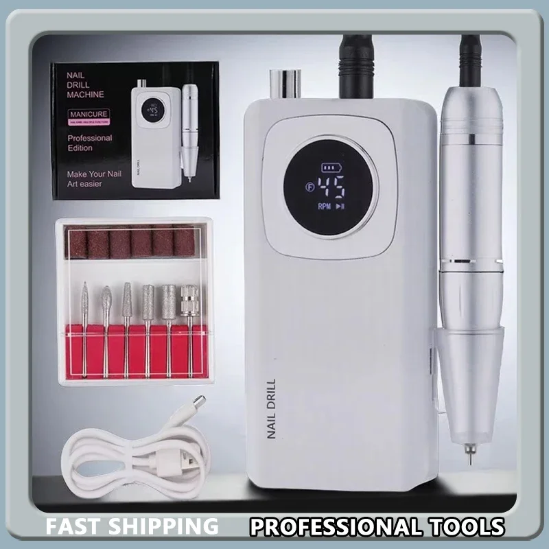 آلة حفر الأظافر عالية السرعة 45000 دورة في الدقيقة قابلة لإعادة الشحن مع شاشة LCD منخفضة الضوضاء المهنية طلاء الأظافر ساندر KitNail Art AccessoriesSet #1
