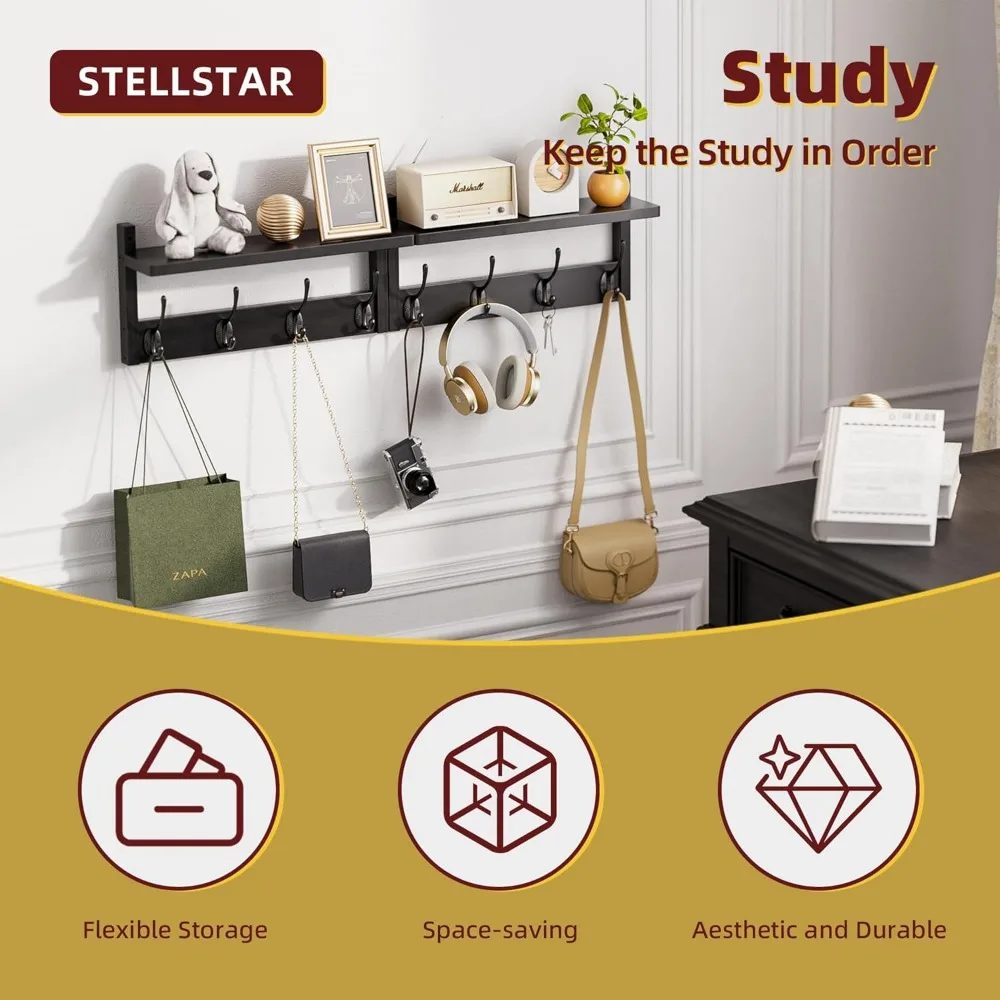 رف معطف مثبت على الحائط من الخيزران مع رف و8 خطافات لتنظيم المنزل