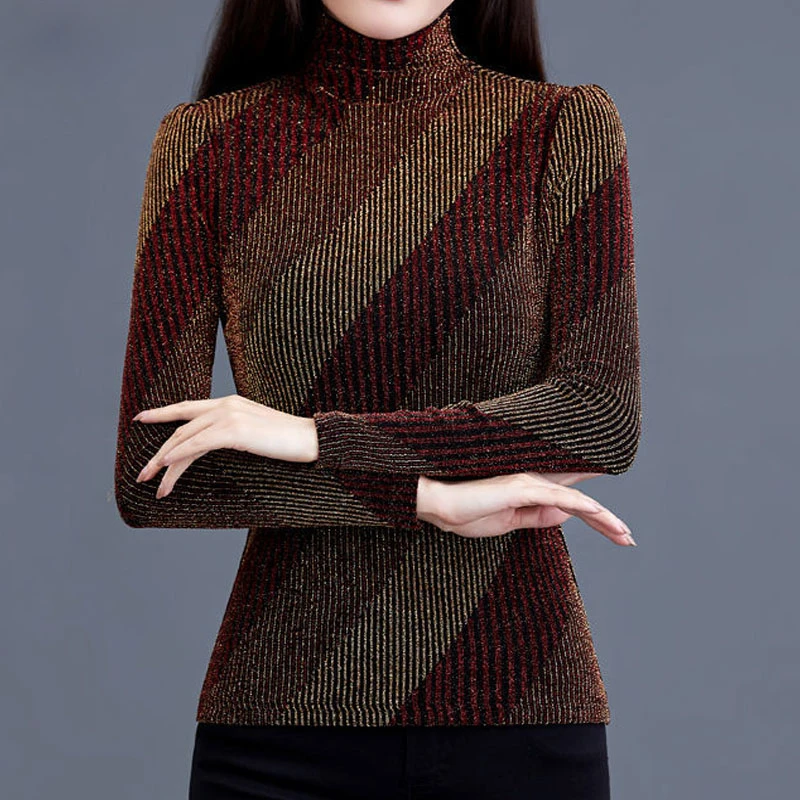 

Striped Spliced Bright Silk Vintage Women Pullovers Dark Colors Turtleneck Autumn Winter High Strecth Female Clothing Slim B156