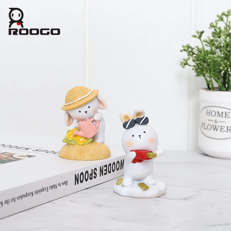 ROOGO New Creative Cartoon Rabbit Resin Sculpture Home Decor Kawaii Desktop Accessories Mini Figurines for Cake Topper Birthday