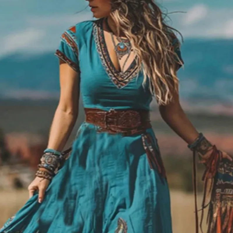 Ethnic Print Loose Hem Boho Western Dress 2026 Spring V Neck High Waist Long Dress Summer Short Sleeve Vacation Maxi Dress Mujer