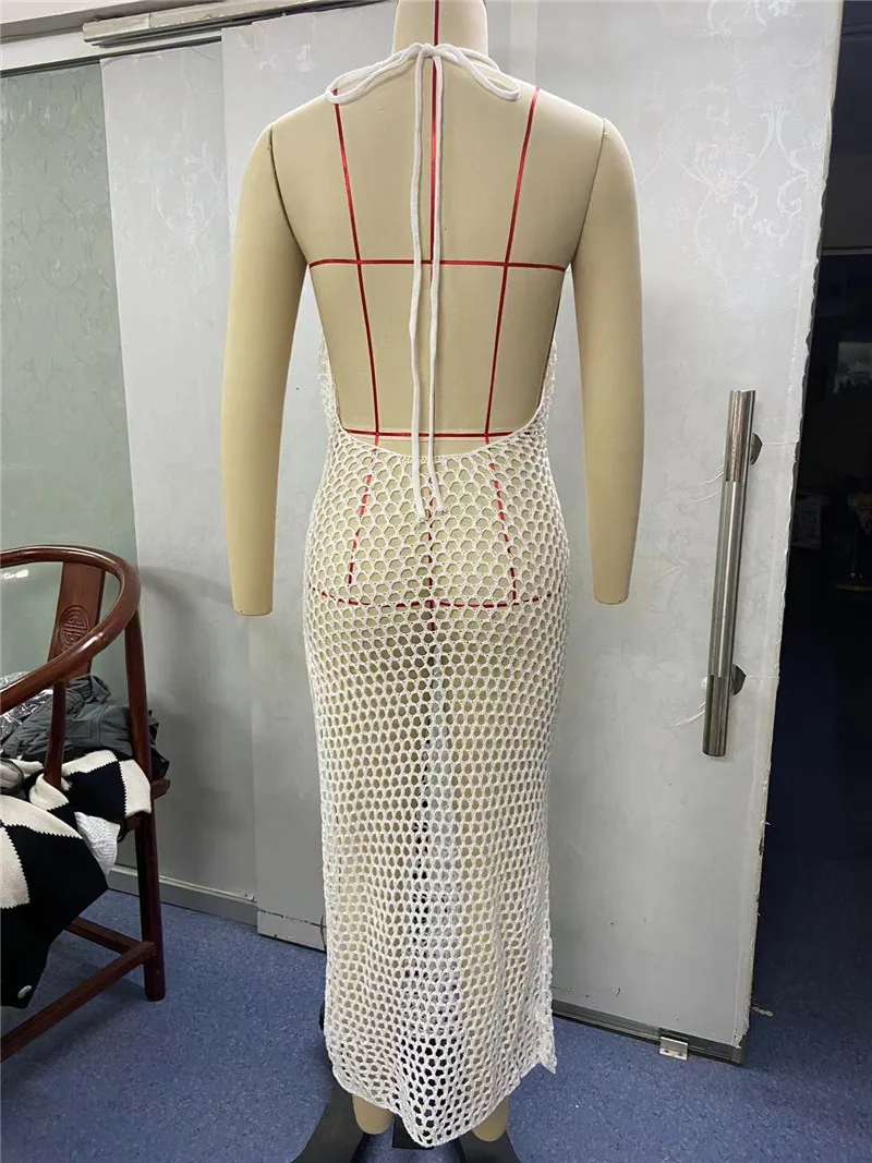 Women Sexy Crochet Mesh Swimwear Long Beach Dress Bikini Cover Up Bathing Suit Hollow Out Side Split Knitted Swimsuit One Piece