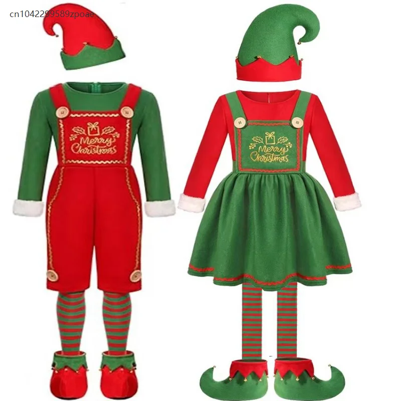 

2025 Christmas Children's Cute Green Elf Costume New Year Family Party Festival Fancy Santa Claus Cosplay Costume Set Unisex
