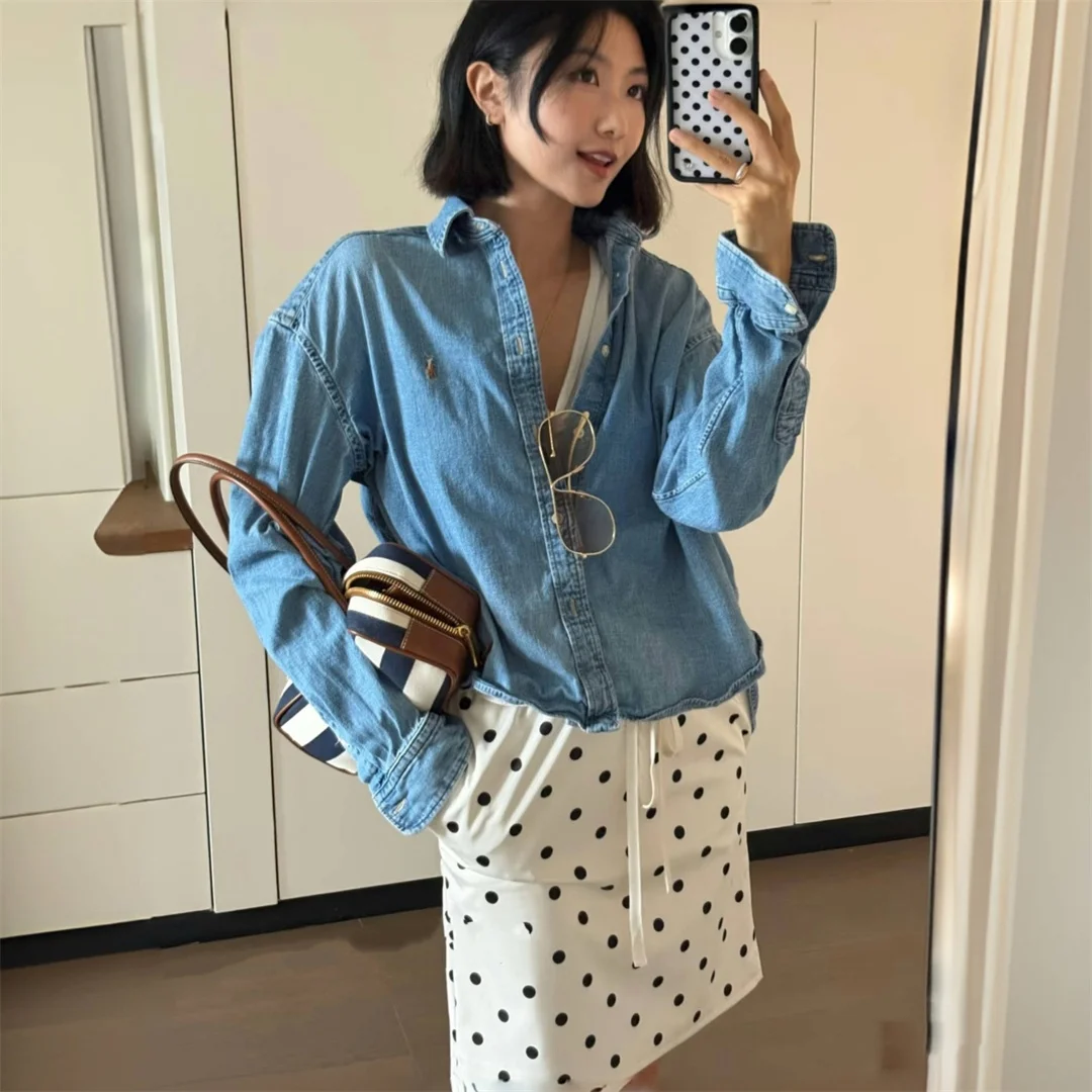 

Classic Embroidered Denim Shirt Straight Leg Casual Style Pure Cotton Long Sleeve Women's Shirt Autumn Collection Savi Privat...
