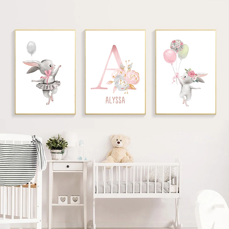 Custom Name Posters Pink Floral Letters Poster and Prints Girl  Rabbit Canvas Art Painting Nursery Picture Kid Baby Room Decor