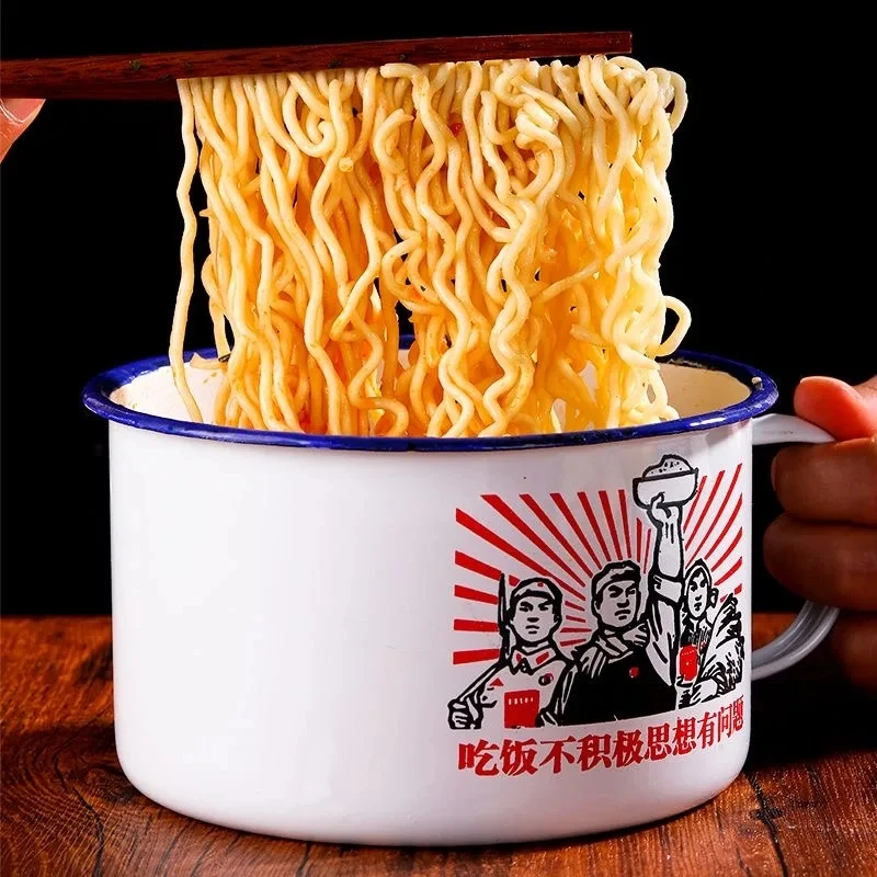 Chinese Enamel Instant Noodle Bowl with Lid, Large Size, Nostalgic Single Lunch Box, Household Rice Bowl, 1300ml