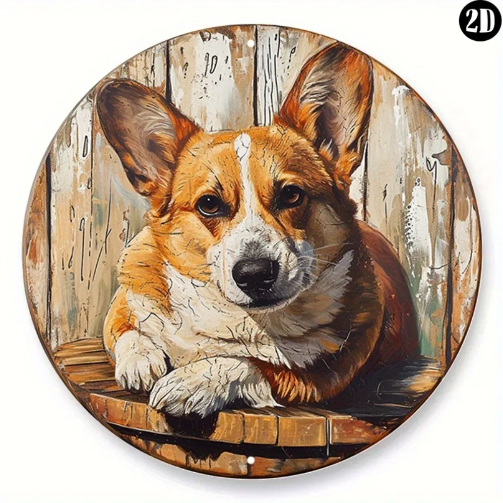 

Corgi-Themed 8x8" Aluminum Spring Wreath Sign - Faux Woodblock Print, Perfect for Bedroom Decor & Valentine's Day Gift
