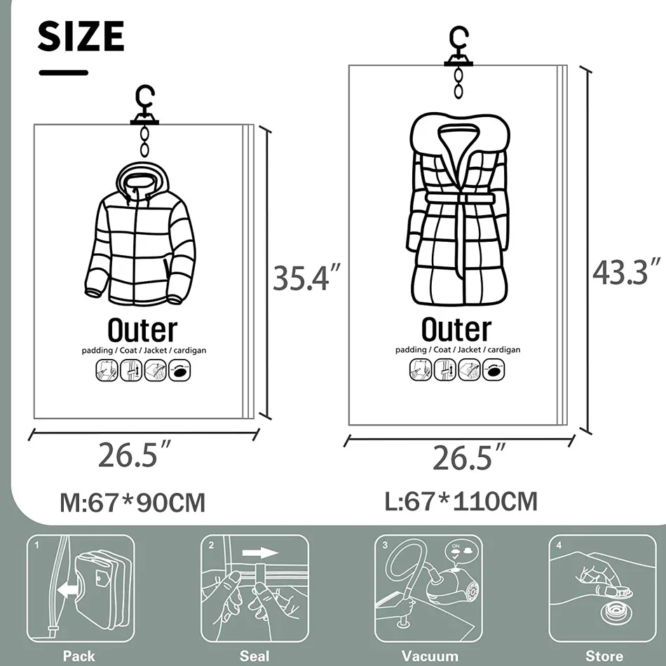 Hanging Vacuum Storage Bags Home Organizer Seal Storage Clothing Bags for Suits, Dress Coats or Jackets, Closet Organizer