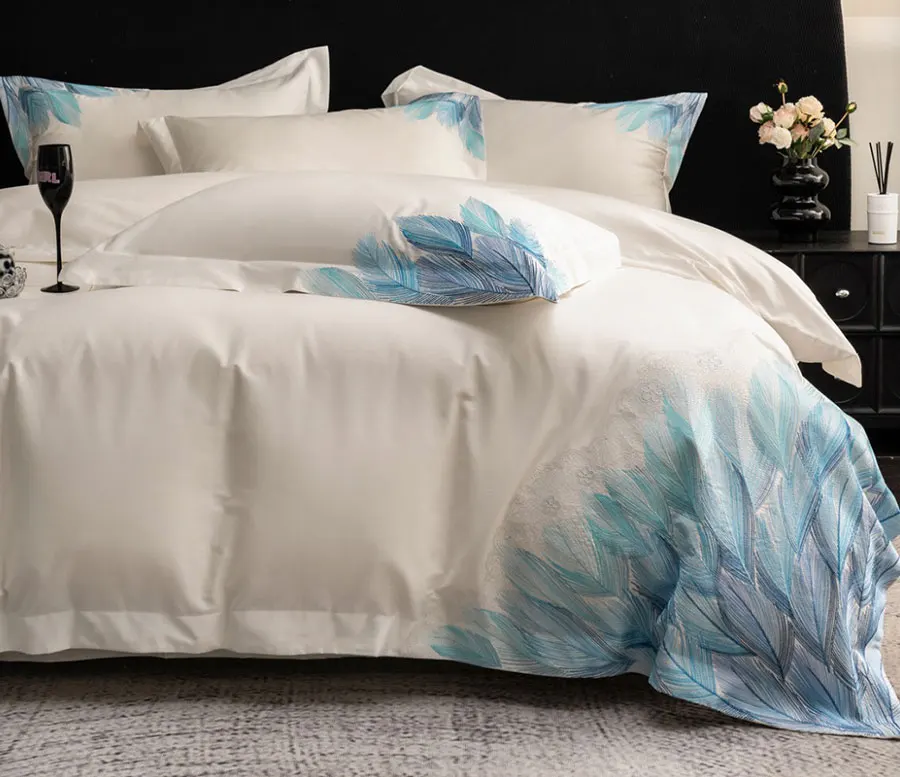 Elegant embroidery feather blue pink champagne bedding set,full queen king cotton home textile bed sheet pillow case duvet cover