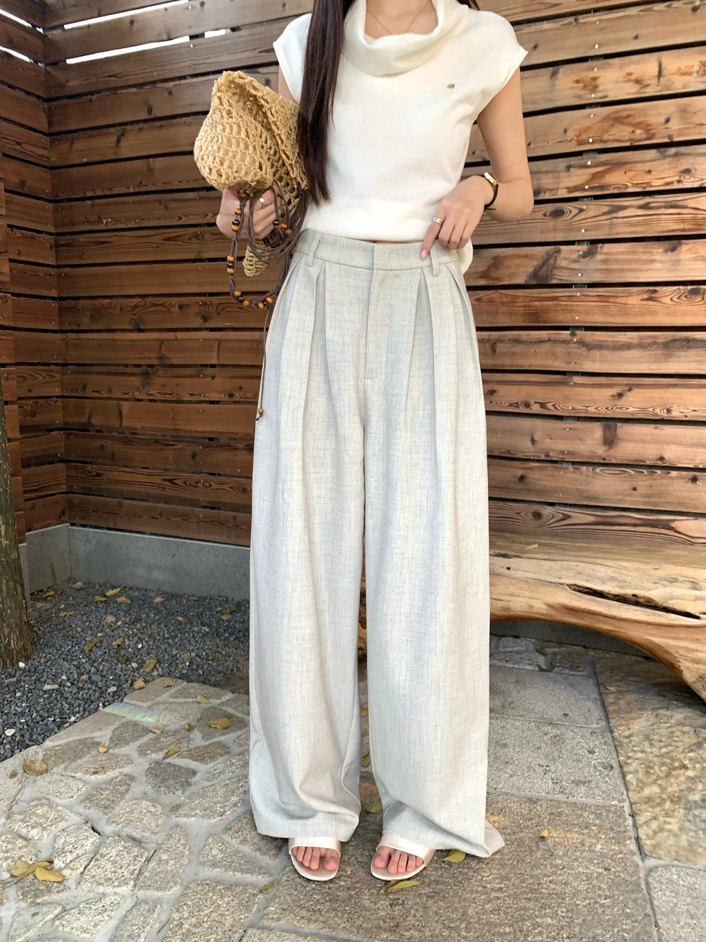 【WENRAN】Women Spring Summer Casual Trousers Light Gray High Waist Wide Leg Pants Ruched Detail Office Bottoms