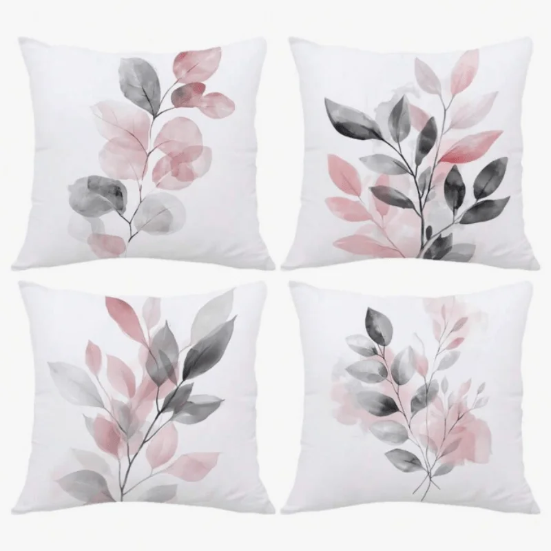 Set of Four Throw Pillow Covers with Watercolor Botanical Leaf Design for Living Room Decor