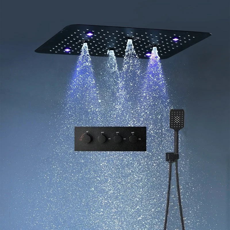 20inches LED Bathroom Matt Black Shower Set Faucet Massage Rain Black Shower head Panel System With Thermostatic Diverter