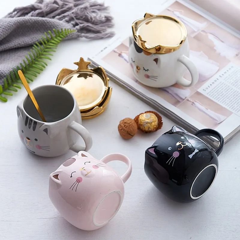 Cat Ceramic Cup Office Home Ceramic Mug Crown Cute Cat with Lid and Spoon Couple Water Cups Drinkware