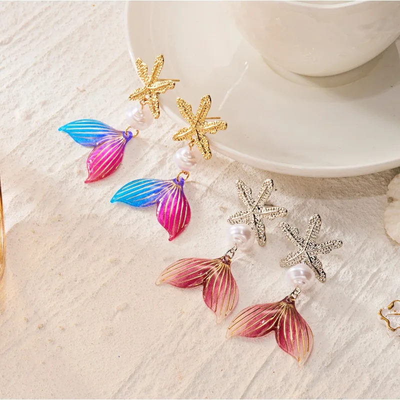 1 Pair Starfish Coral Beach Vacation Style Versatile Earrings for Women Bohemian Creative Fish Tail Style Jewelry