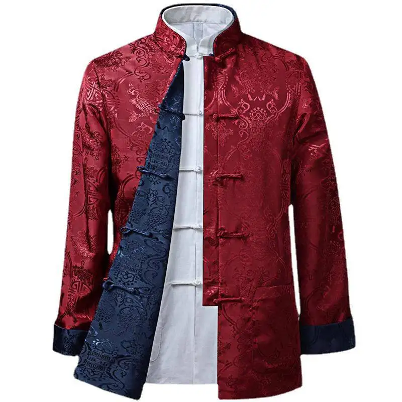 Jaket Tang Suit Musim Semi Musim Gugur Pria Kasual Kostum Nasional Tiongkok Ayah Kancing Panjang Dapat Dibalik Untuk Usia Menengah dan Lansia