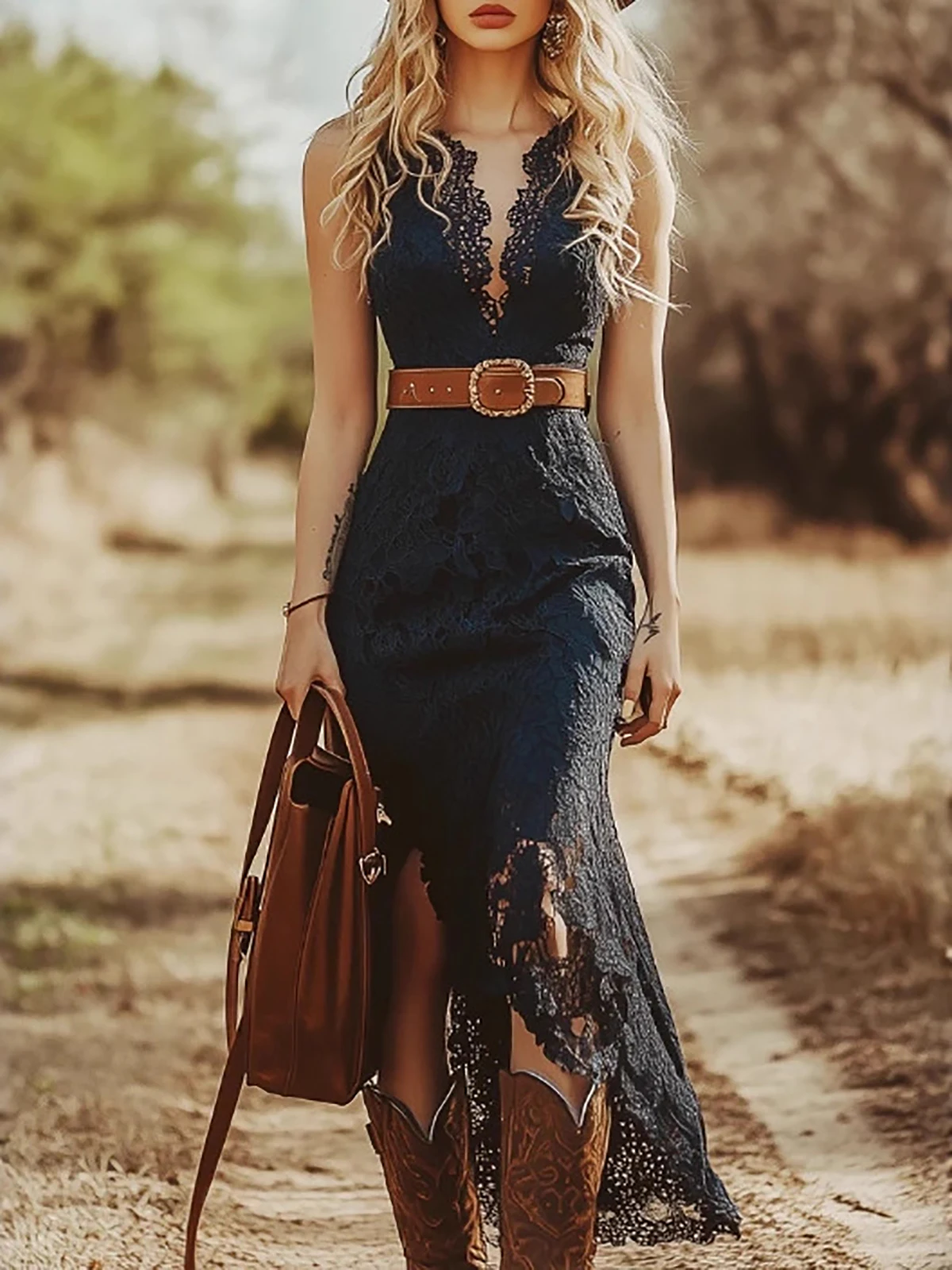 Dames Boho Western Hollow Out Midi-jurk Sexy V-hals Mouwloze elegante jurk Vintage Gothic Onregelmatige kanten rand Lange jurken