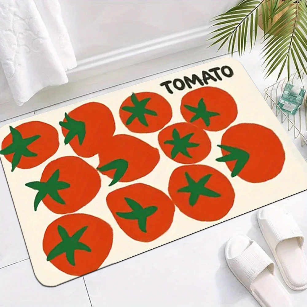 2D Flat Red Tomatoes Tomato Text Cream Background Flannel Bath Mat Non Slip Cute Food Fruit Rug For Bathroom Kitchen Floor Decor