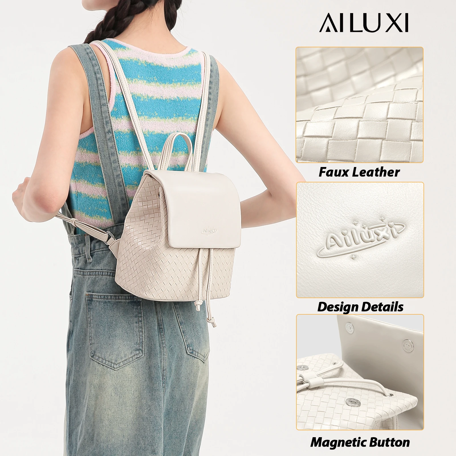 AILUXI Women Backpack Original Designer Summer Travel Leisure Versatile White Knitted Large Capacity Handbag for Student