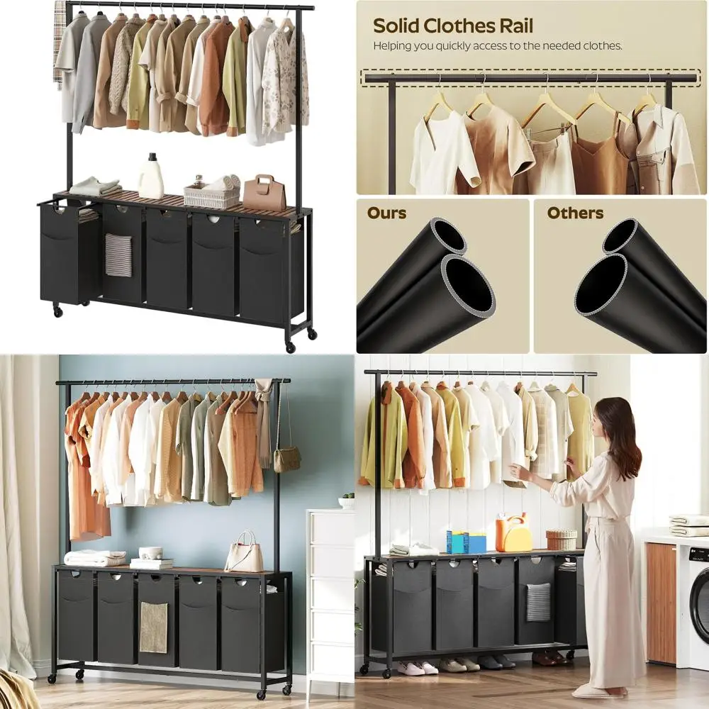 

5-секционная корзина для белья на колесиках с подвесной стойкой, коричневый в деревенском стиле, LS57BR