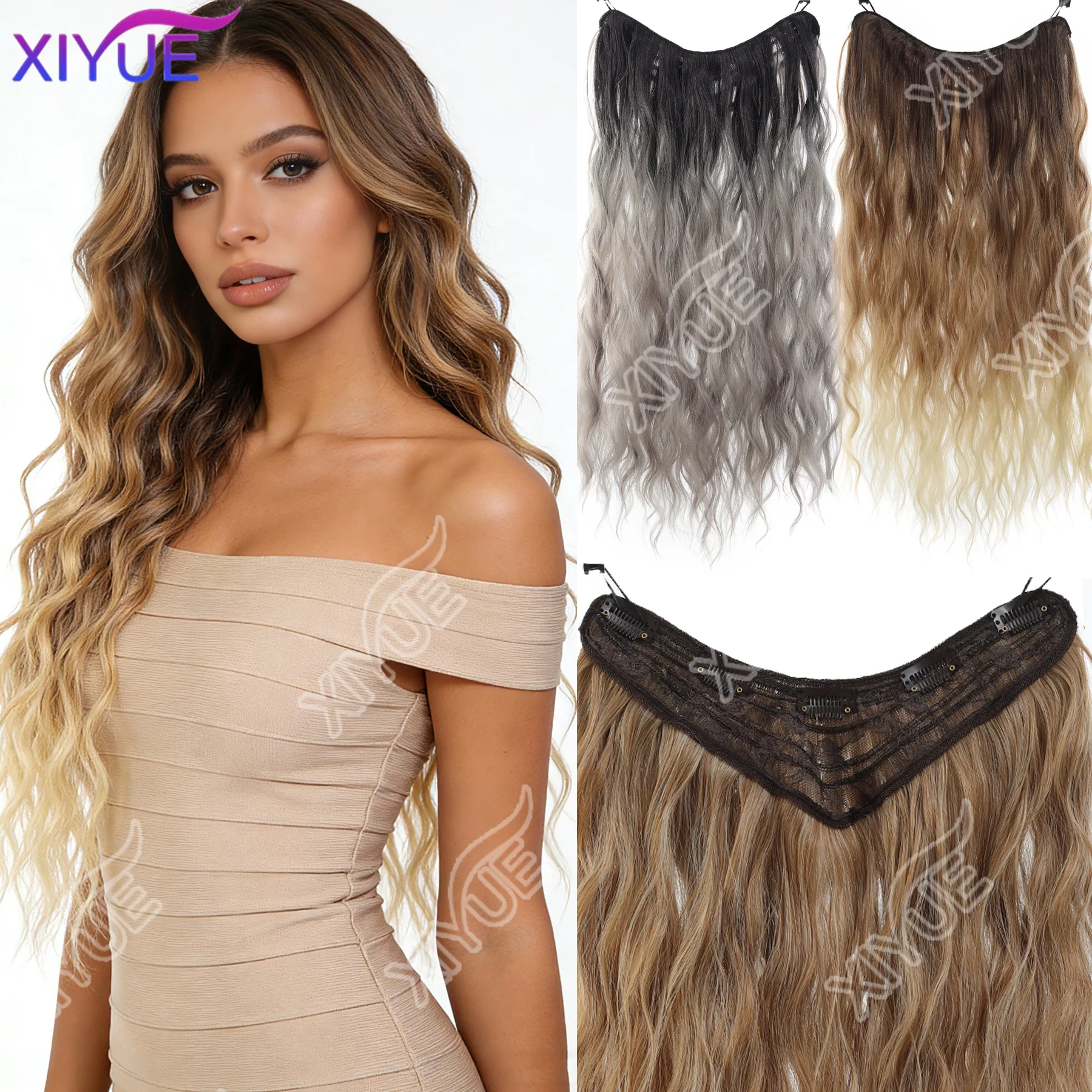 Long Water Wavy U-Shaped Half Wig Synthetic 5-Clips One Piece Ombre Brown to Golden Hair Extensions Natural Hairpieces for Women