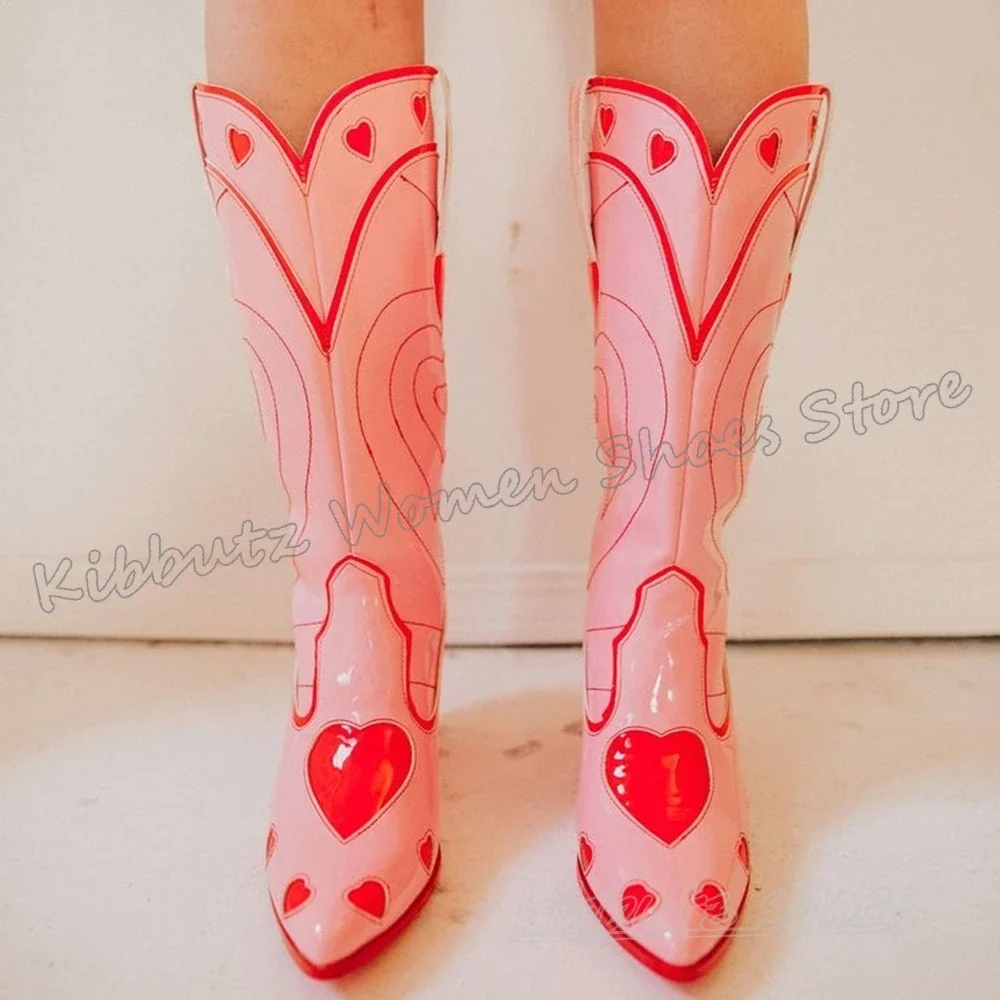 

Hearts Knee High Boots Slip-On Fashion Novelty Sexy Elegant Concise Novelty Leather Cowboy Girls Shoes Pointy Chunky Heels New