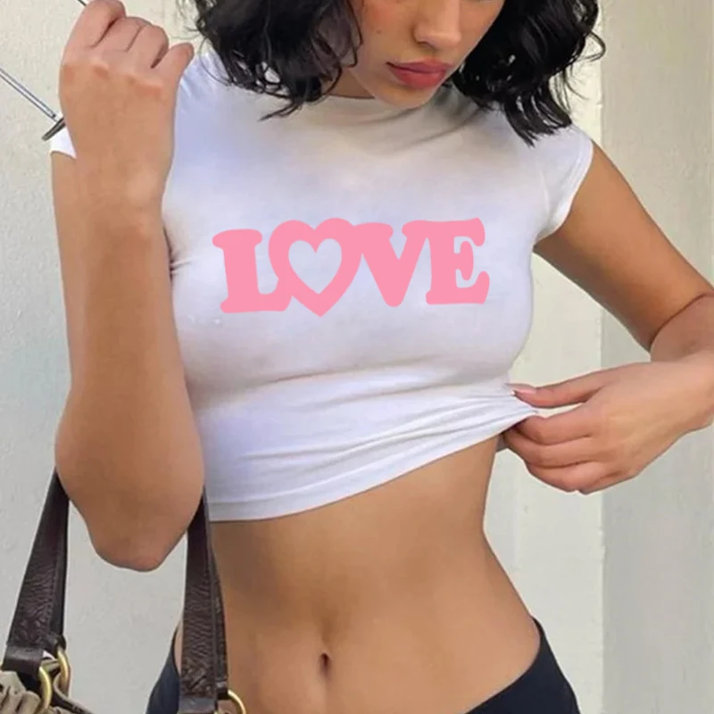 American Retro Sweet Love Summer Tee Grunge Crop Tops Baby Tee Printed White T-Shirt Female Hot Girl Short Sleeves Baby Tee