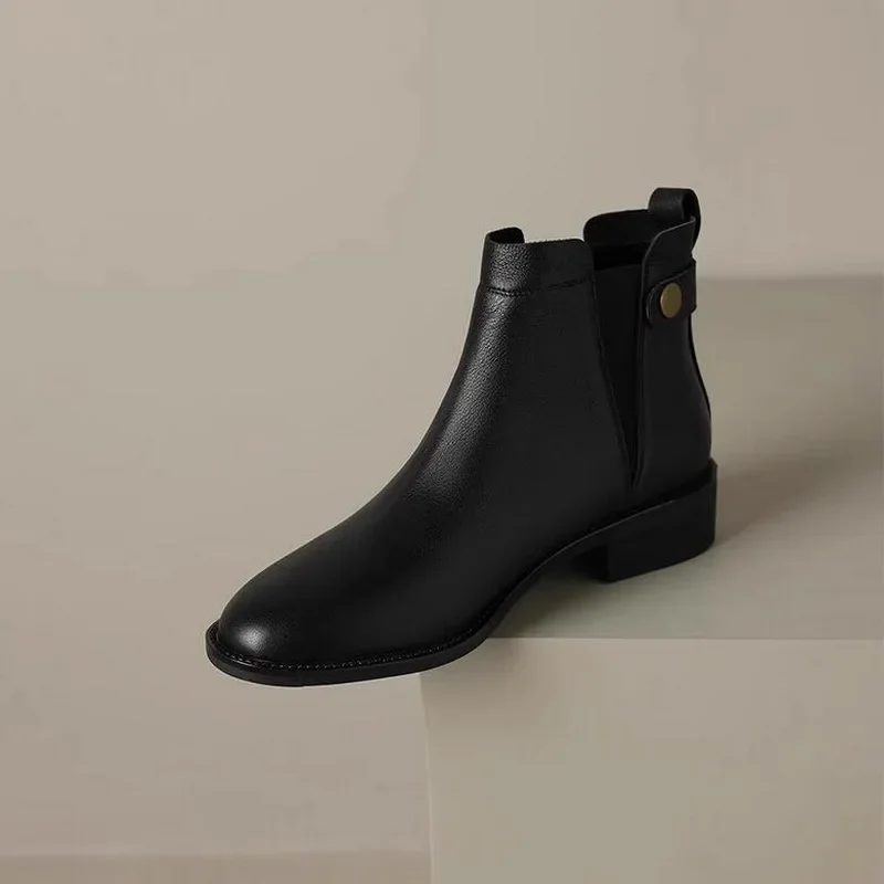 Genuine Leather Chelsea Boots Women Mid Heel Elastic Band Slip-On Ankle Short Boot Retro West Cowboy Round Toe Office Shoe