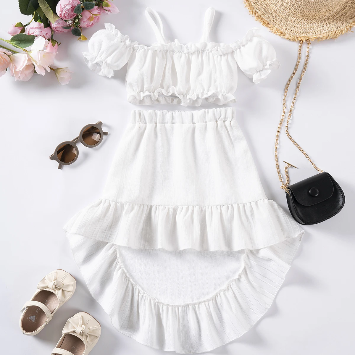 Summer New Fashion Suit 0-5Y Toddler Girl Camisole Top Half Skirt Set Bubble Sleeve Top Irregular Hem Trendy Two Piece Set