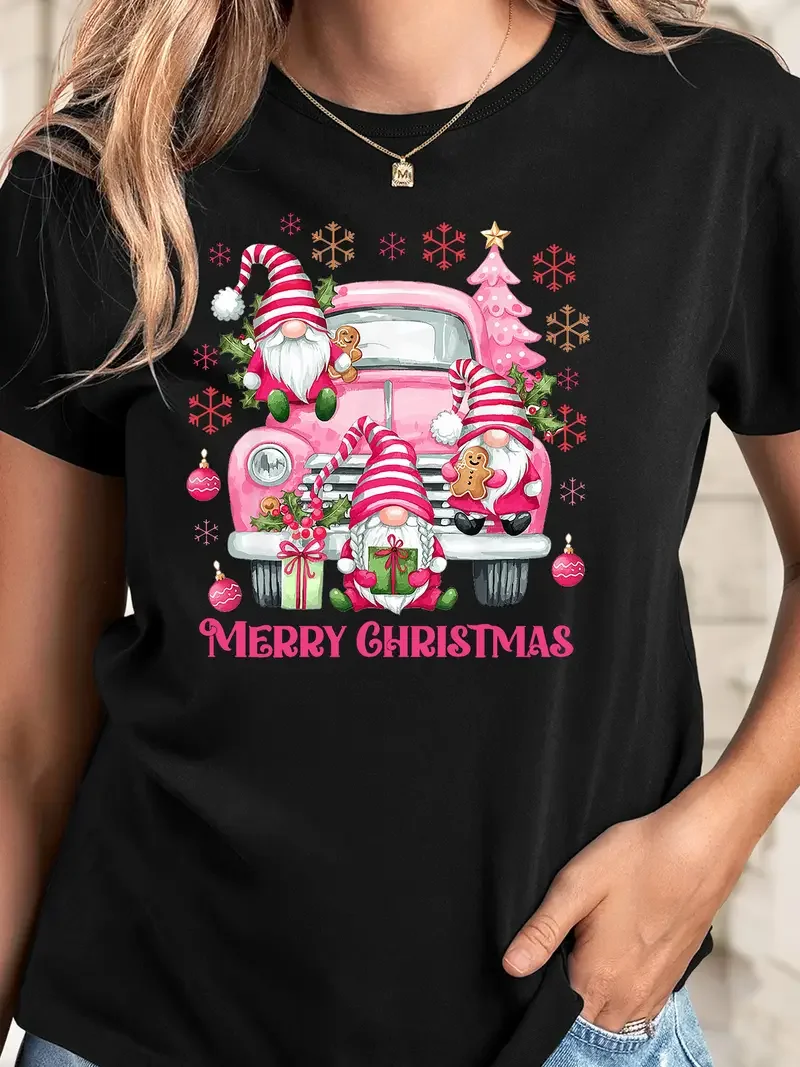 Santa Claus truck three dwarf pattern women T-shirt fashion casual Christmas gift cartoon top Harajuku fashion New Year T-shirt