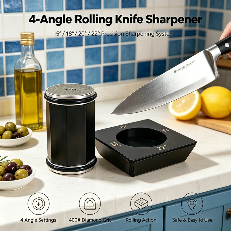 New Professional Octagonal Roller Knife Sharpener 4-Angle 15/18/20/22° Diamond Grinder Wooden Base With Magnet Kitchen Knife Set