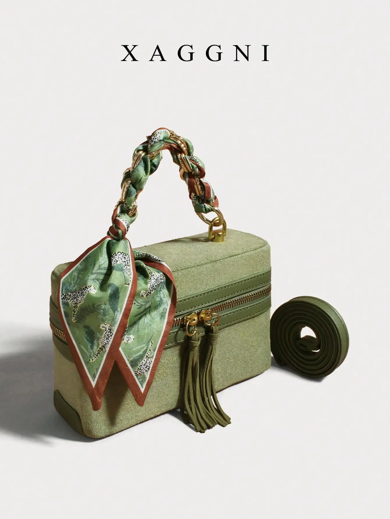 Bolso bandolera verde de diseño cuadrado con detalle de pañuelo de seda, mini bolso de mano, bolso de ante de estilo retro, bolso informal para vacaciones con borla.