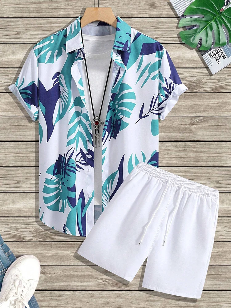 New Palm Leaf Print Men\'s Short Sleeve Shirt And Beach Shorts Set Summer Fashion Men\'s Casual Shirt Hawaiian Men\'s Sports Shorts