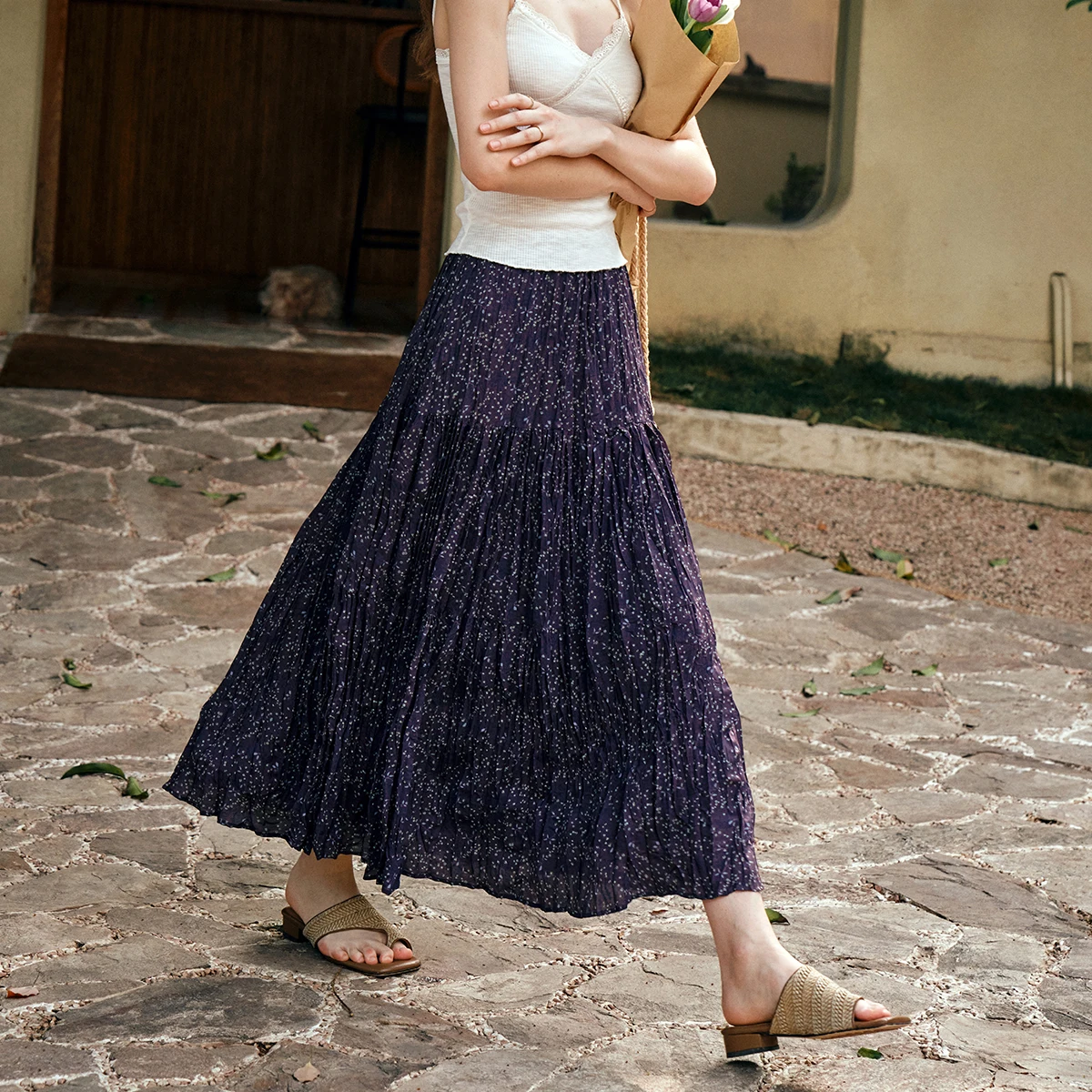 OLrain Women's Maxi Dress Fashion 2026 Summer Floral Female Chiffon Purple High-waisted Skirts Ladies Clothing O57XB99511