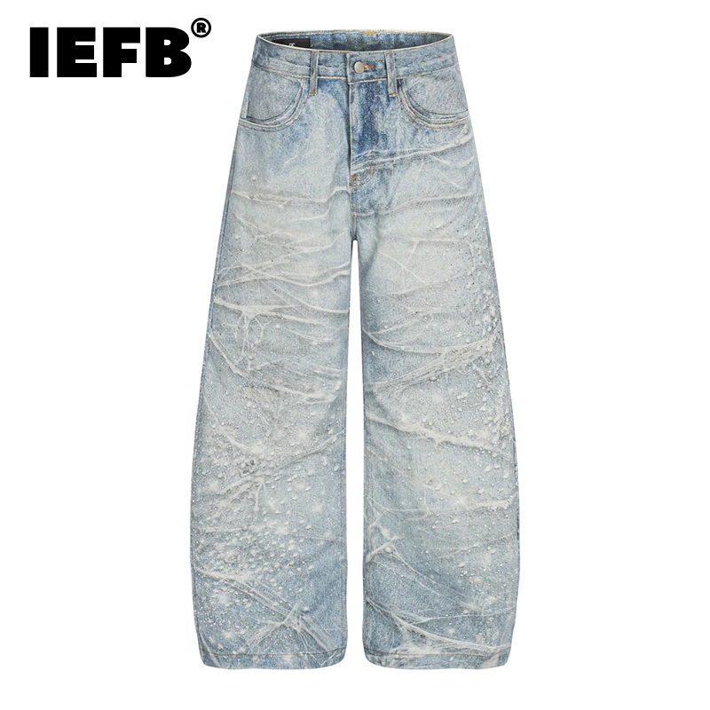 IEFB Printed Heat-melting Rhinestone Ink Splash Starlight Men's Jeans Blue American Style Streetwear Denim Scimitar Pants 9X2351