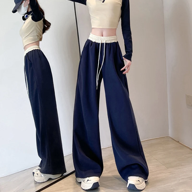 

Новые контрастные цветные широкие брюки на шнурке для женщин, корейская уличная одежда, свободные прямые брюки с эластичной резинкой на талии, трендовые спортивные брюки