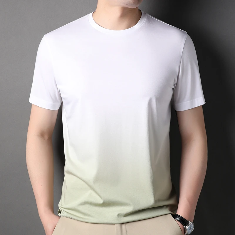 Top Grade Silk Tee Shirts 2022 Summer Fashion Gradient Colors Clothing Top Men Soft Cotton Silk O-Neck T-Shirts  Short Sleeved