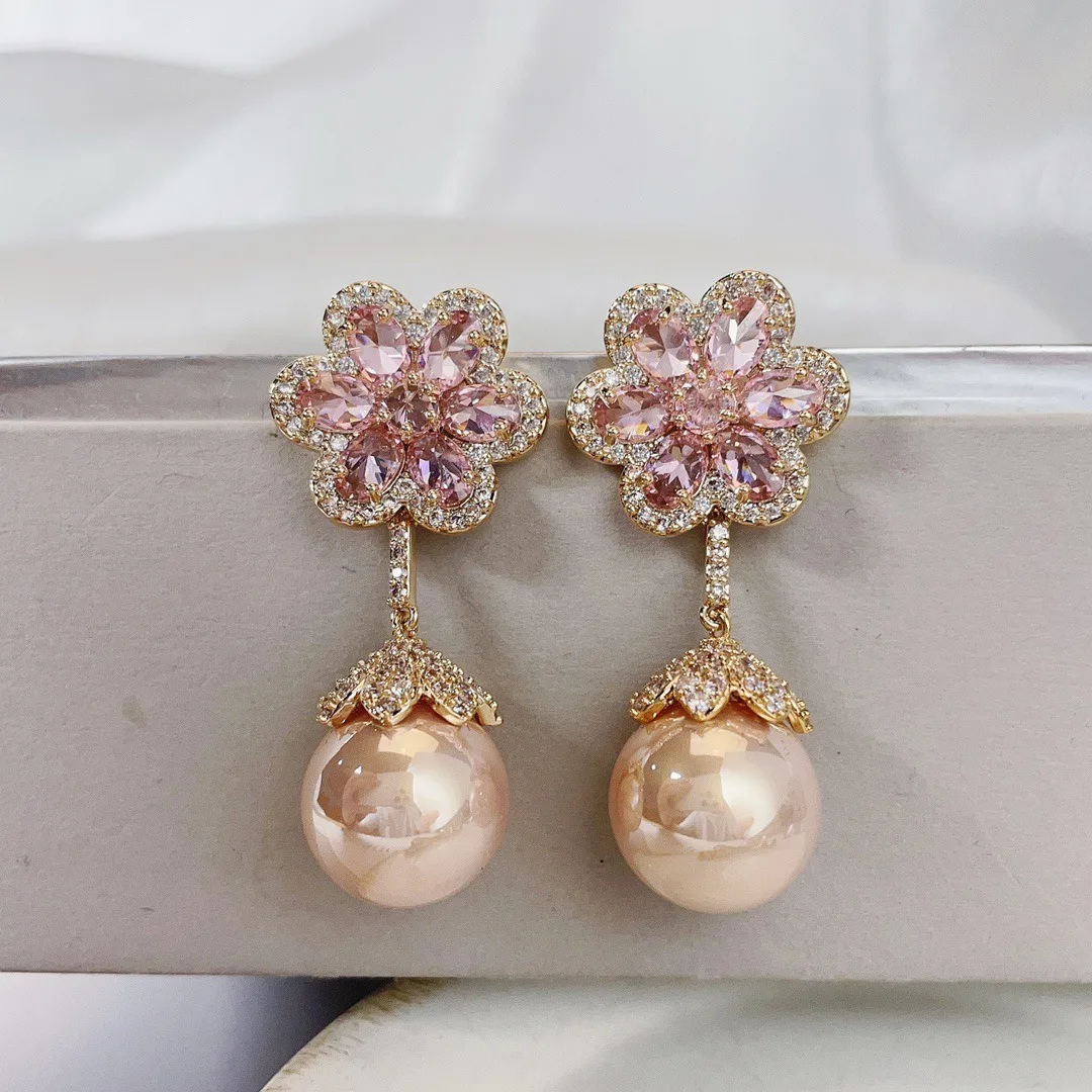 925 stamp silver color Earrings Crystal Plum Ice Flower Zirconia Pearl Drop Earrings For Women Brincos De Prata