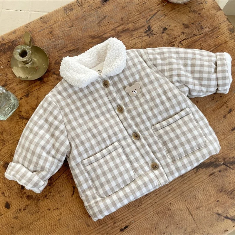 0-3Years Cute Newborn Baby Boy Girl Winter Coat Turn Down Collar Pocket Wool Thicken Warm Down Cardigan Outwear Plaid Clothes