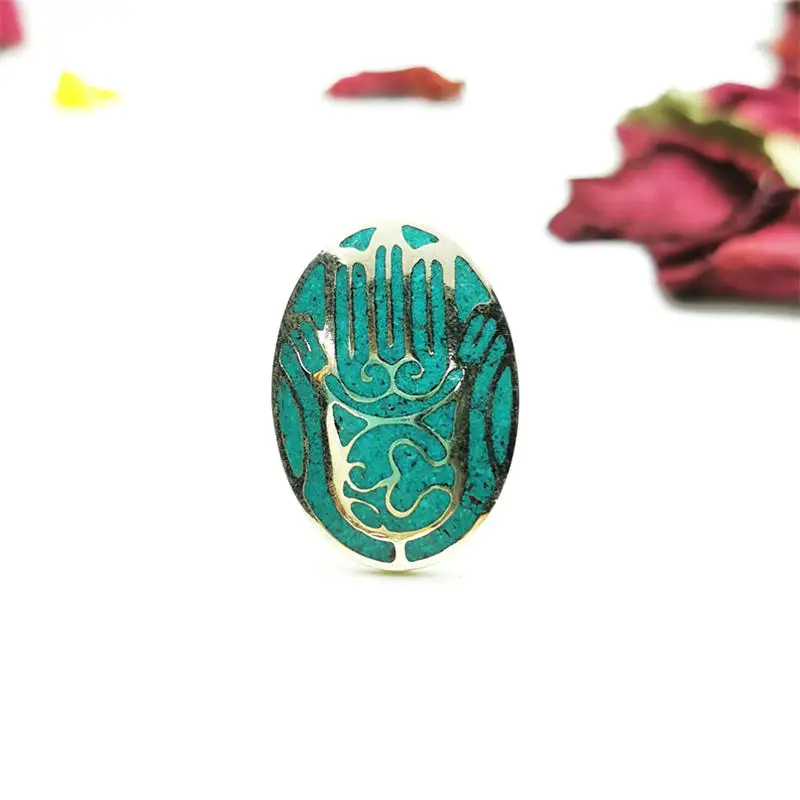 Tibetan Rings Buddhist Buddha Hand Amulet Stamp Ring Copper inlaid Stone Oval R030