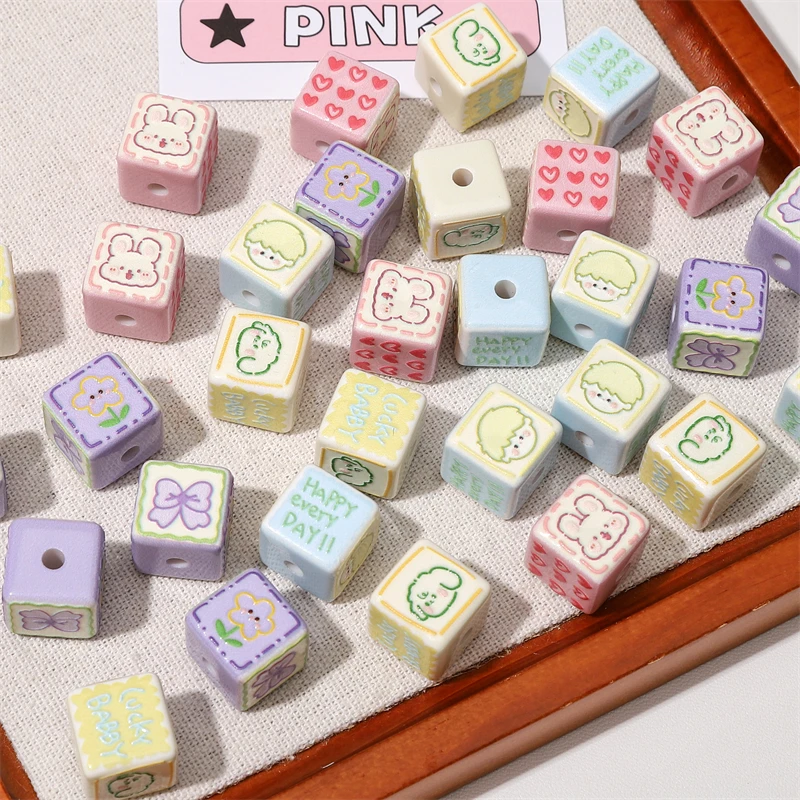 1/5Pcs 14x14mm Acrylic Cute Relief Pattern Square Beads Love/Rabbit/Flower Beads For Jewelry DIY Making Phone Chain Accessories