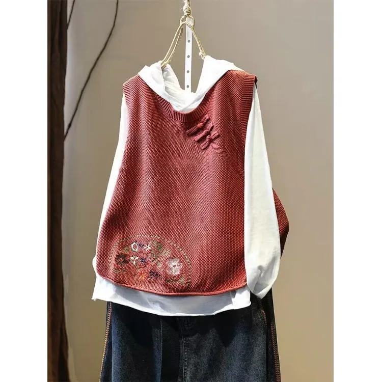 

Loose Fit Embroidered Cotton Tead Vest Women's Knitted Svel round Ne Pullover Bal Ethnic Sle Spring Autumn