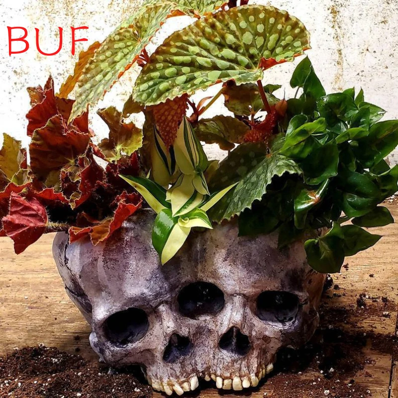 Retro Skull Ornament Resin Flowerpot Idyllic Outdoor Garden Decoration Horror Halloween Skull Decoration Crafts