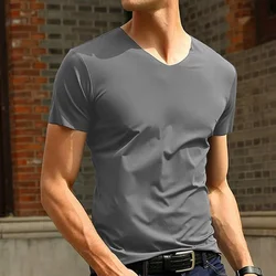 Mens Clothing Classic Japan Short Sleeve Men's Ice Silk Comfortable Trackless T-shirt V-neck Slim Short Sleeve T-shirts For Men